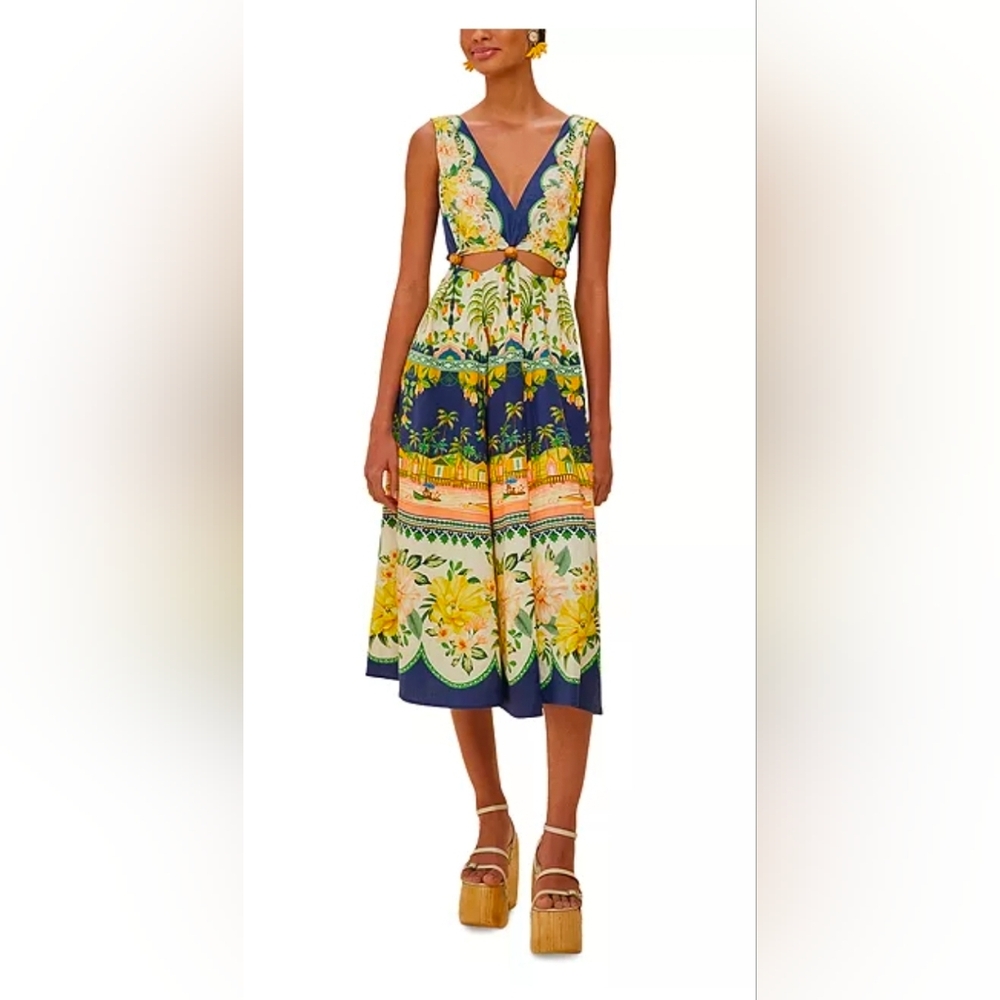 NWT FARM Rio Amazon Garden Cream Midi Dress Size Large Tropical Resortwear
